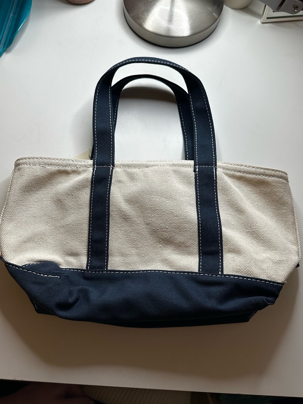 Universal Thread Navy and Cream Mini Canvas Belt-Accent Tote - Picture 2 of 5